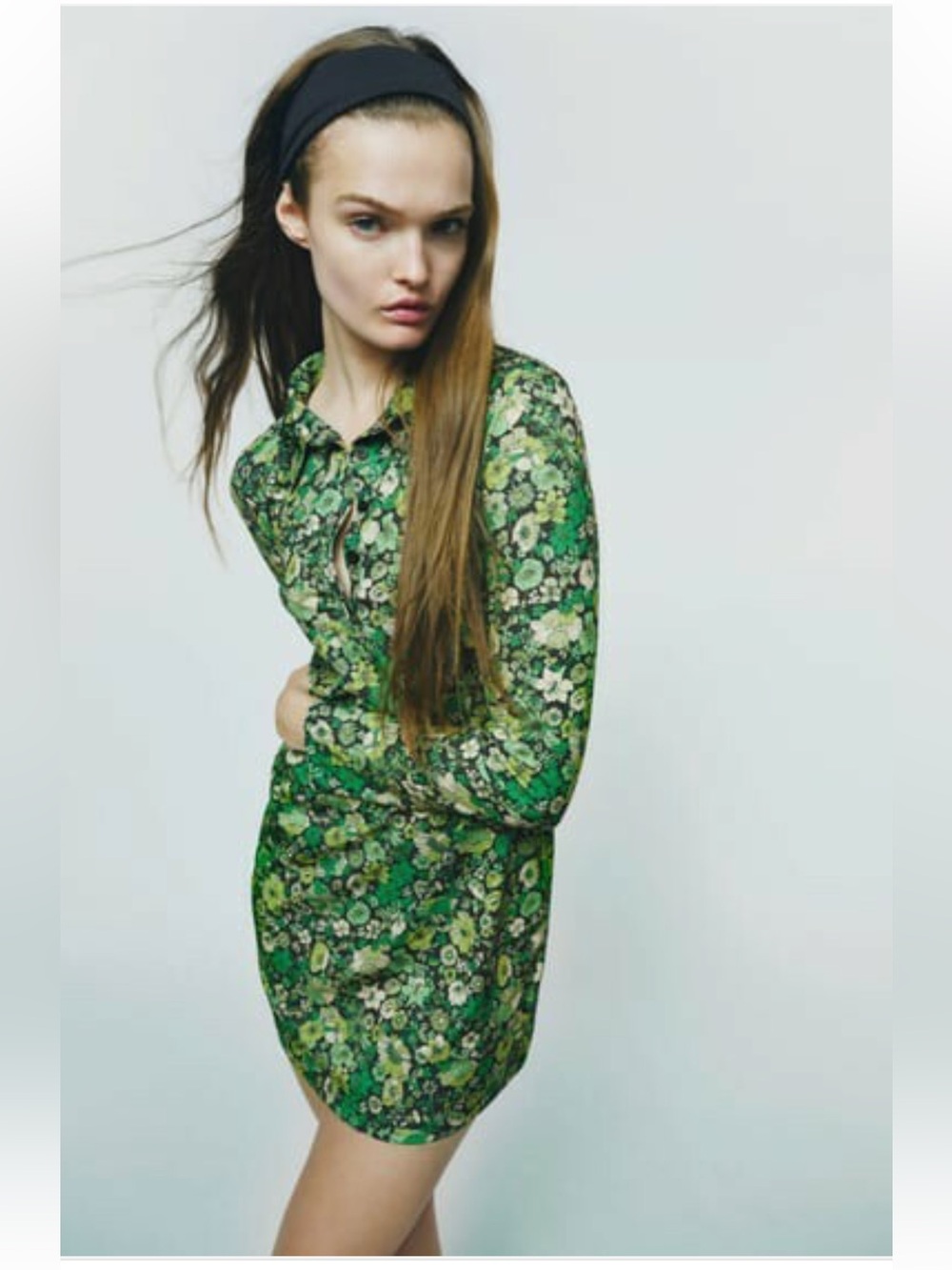 Zara Floral Green Long-Sleeve Shirt Dress